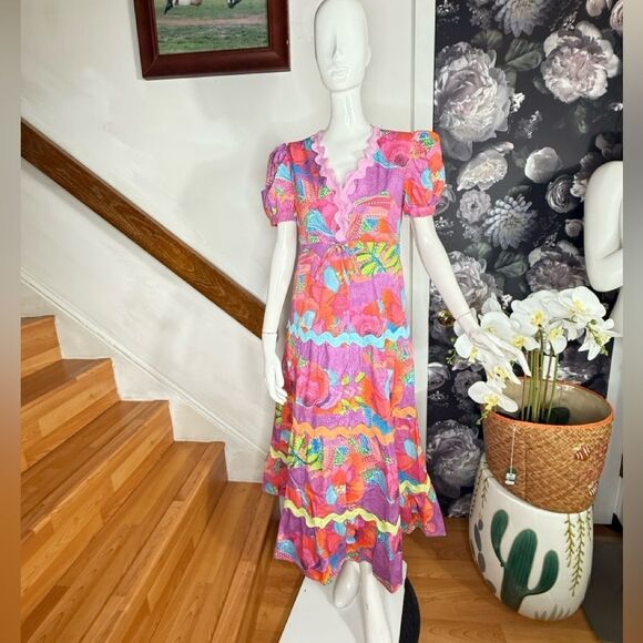 Marié Victoria Dunn Pink and Orange Puff Sleeve Maxi Dress - Picture 4 of 7